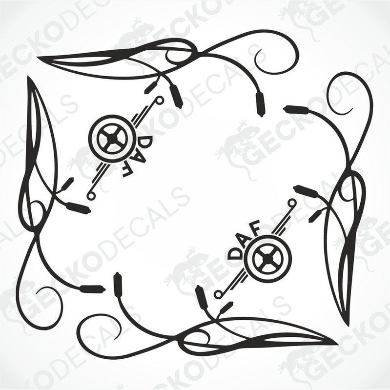 A set of two black and white floral side window decals for a DAF truck.