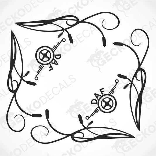 A set of two black and white floral side window decals for a DAF truck.
