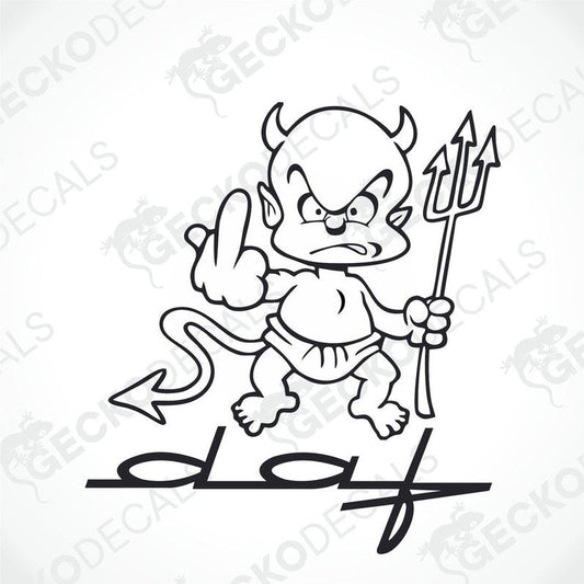 A black and white sticker of a cartoonish devil character with a pitchfork and the finger gesture 'DAF'.
