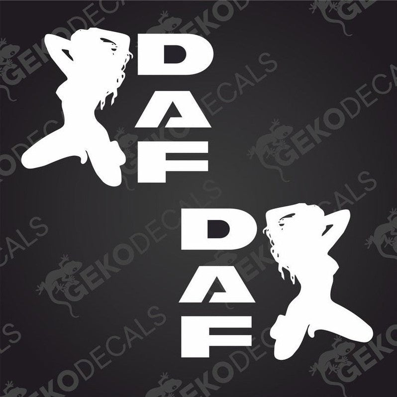 Two white die cut stickers with the word 'DAF' and a silhouette of a girl. One sticker shows the front view while the other shows the back view of the sticker.
