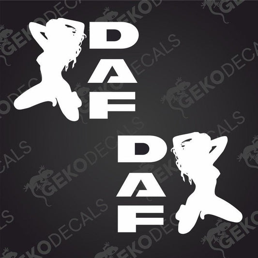 Two white die cut stickers with the word 'DAF' and a silhouette of a girl. One sticker shows the front view while the other shows the back view of the sticker.