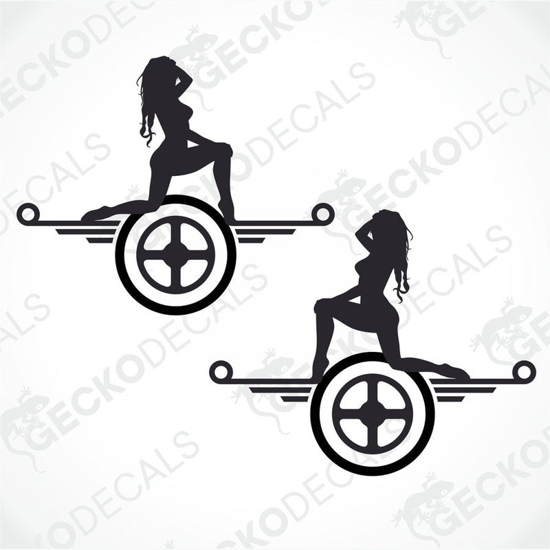 Two black and white stickers of a girl sitting and standing on a vehicle.
