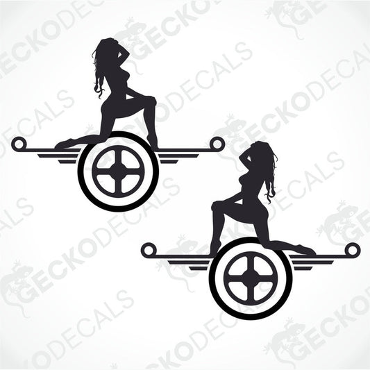 Two black and white stickers of a girl sitting and standing on a vehicle.