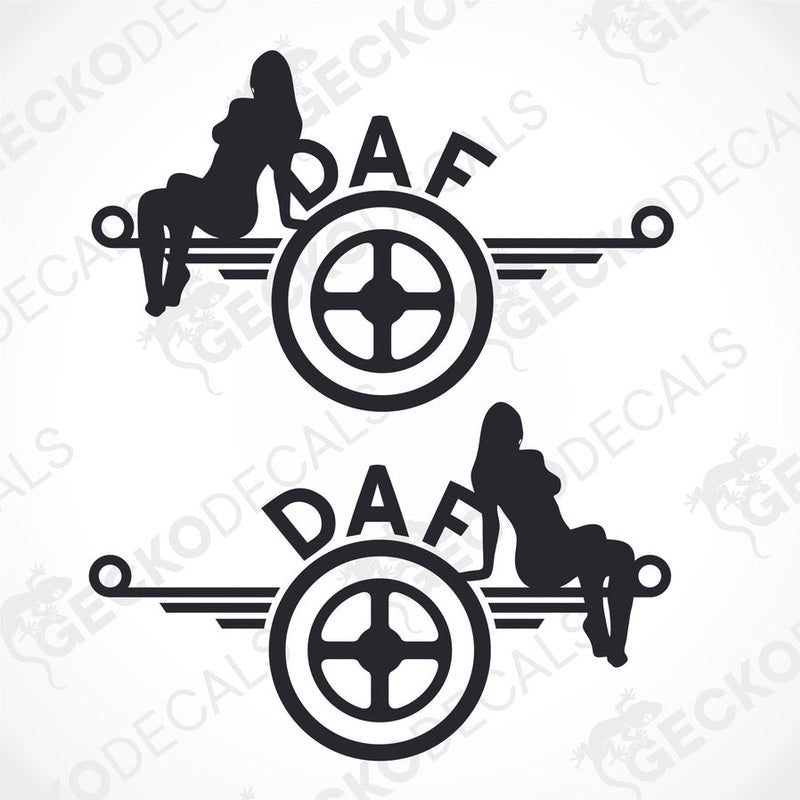 Two black and white die cut stickers with a design of a girl and a DAF logo, intended for use on a vehicle.