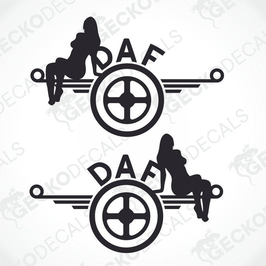Two black and white die cut stickers with a design of a girl and a DAF logo, intended for use on a vehicle.