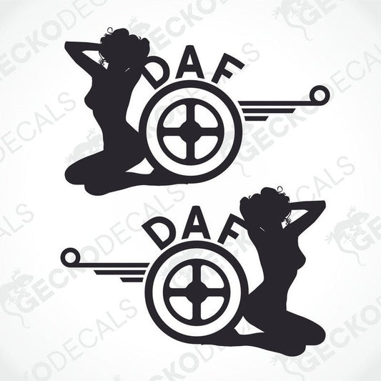 Two black and white die cut stickers with a design of a girl sitting next to a truck wheel, and the word 'DAF' prominently displayed.