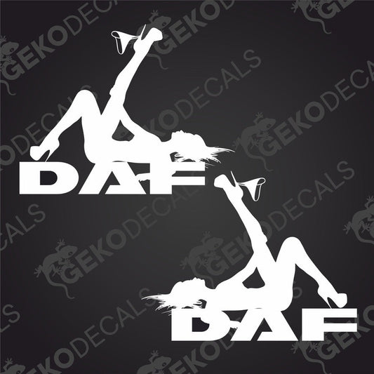 Two black and white decals of a stylized female figure associated with a DAF truck logo, delivered on transfer paper.