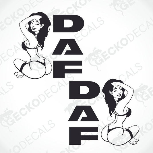 A set of two black die cut decals, one with the text 'DAF' and a female figure on the left and the other with the same text 'DAF' and a female figure on the right.