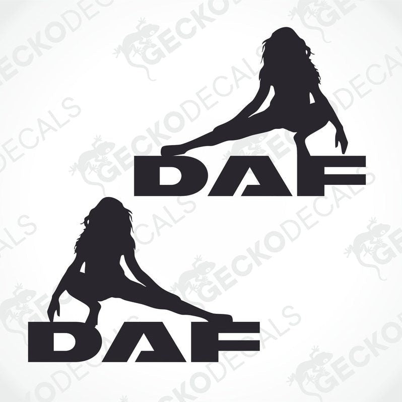 A set of two black die cut stickers, each featuring a silhouette of a female figure sitting beside the letters 'DAF', designed for use on vehicles.