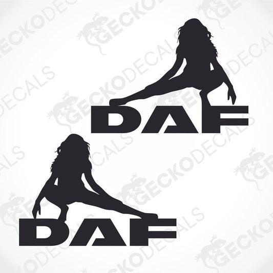 A set of two black die cut stickers, each featuring a silhouette of a female figure sitting beside the letters 'DAF', designed for use on vehicles.