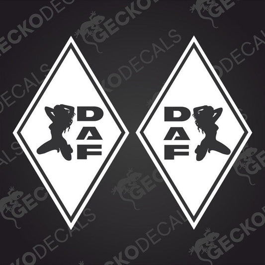 Two black and white car decals with a diamond shape and a silhouette of a girl in the center, with the text 'DAF' above the design.
