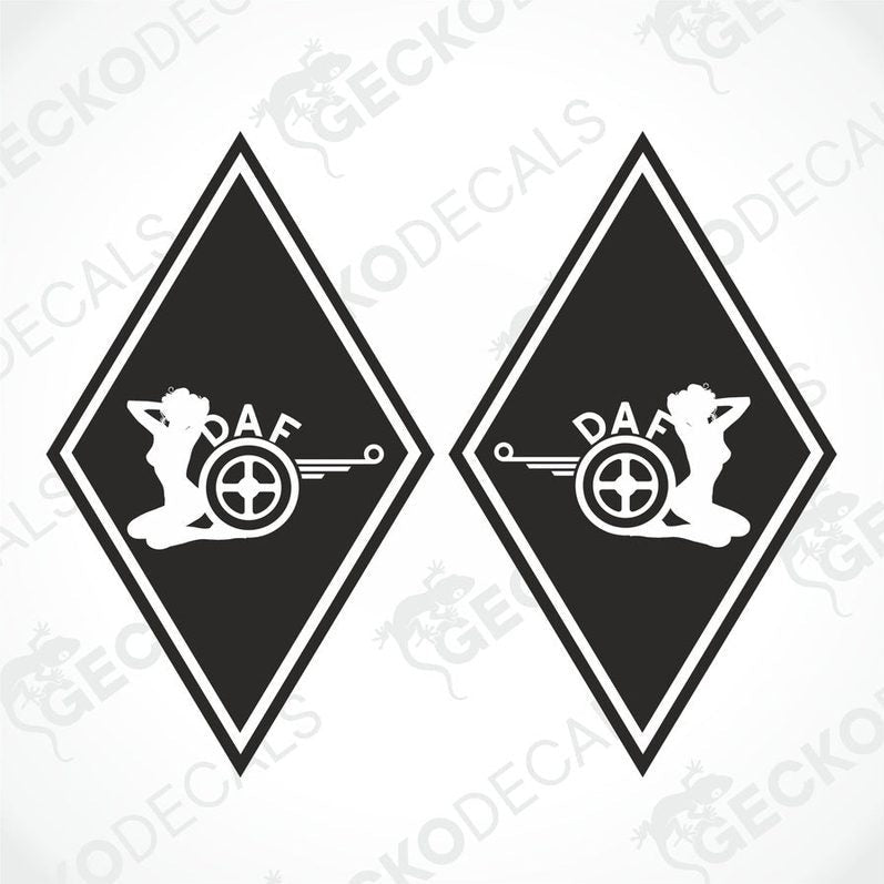 Two black car decals featuring a diamond-shaped design with a girl figure inside, and the text 'DAF' above. The decals have a white outline and are on a white background.