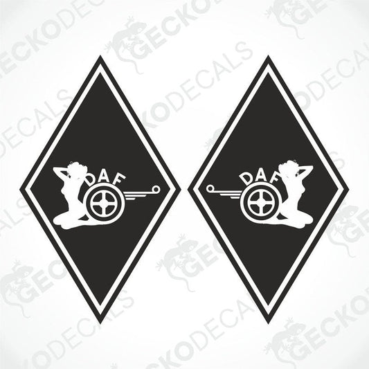 Two black car decals featuring a diamond-shaped design with a girl figure inside, and the text 'DAF' above. The decals have a white outline and are on a white background.