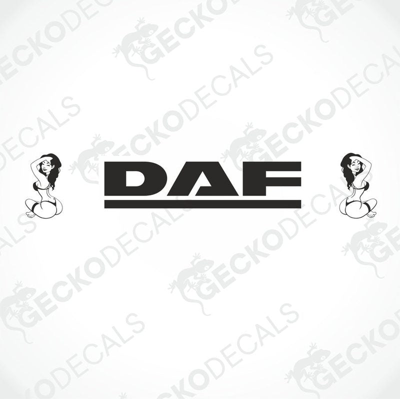 A die cut decal with the text 'DAF GIRLS' positioned on the windscreen of a gray truck.