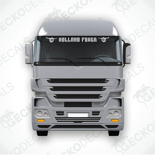 A sticker with the text 'Holland Power' displayed on the front windscreen of a gray truck.