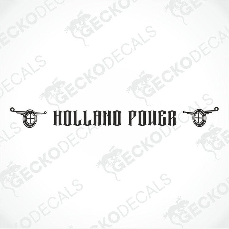 A sticker with the text 'Holland Power' displayed on the front windscreen of a gray truck.