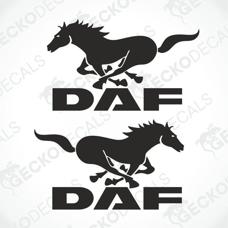 A sticker design featuring a running horse above the text 'DAF' and below the same text, meant for use on vehicles or equipment.