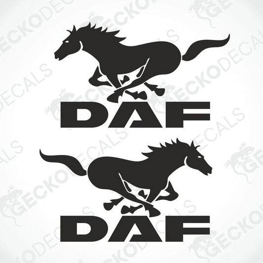 A sticker design featuring a running horse above the text 'DAF' and below the same text, meant for use on vehicles or equipment.