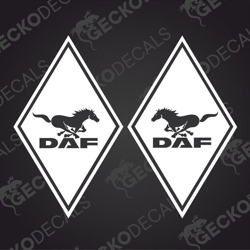 A pair of white decals with a horse silhouette and the brand name 'DAF' inside diamond-shaped borders, intended for use on vehicles.