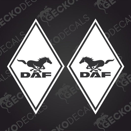 A pair of white decals with a horse silhouette and the brand name 'DAF' inside diamond-shaped borders, intended for use on vehicles.