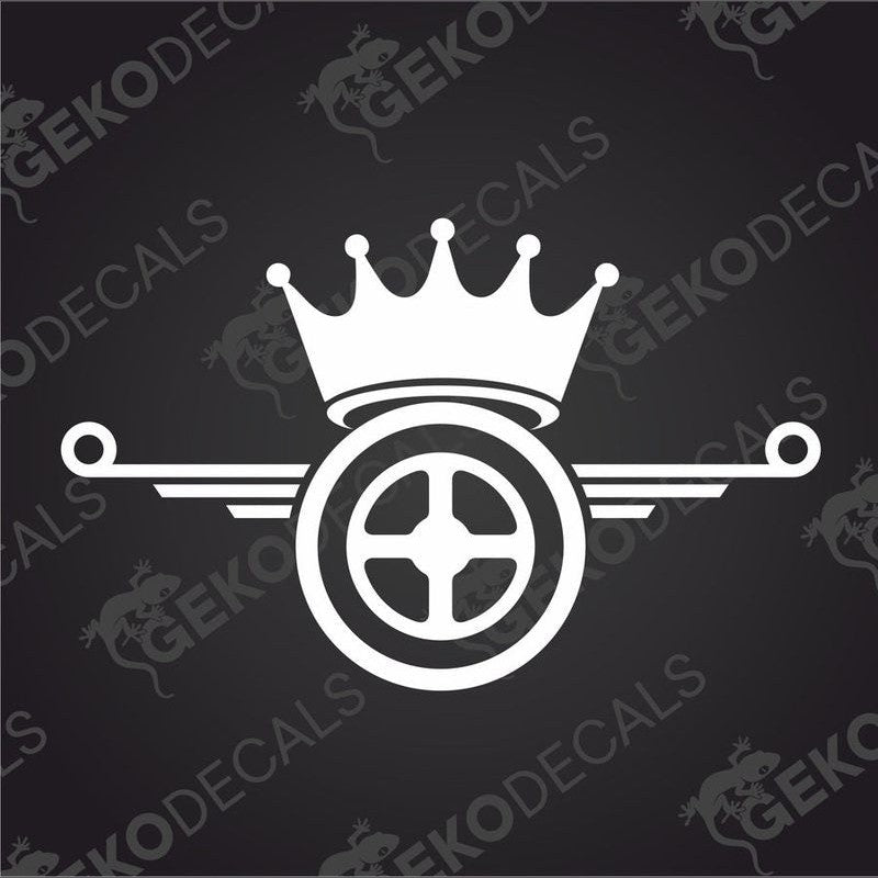 A white decal of a crown and scepter on a black background with the text 'GeckoDecals'.