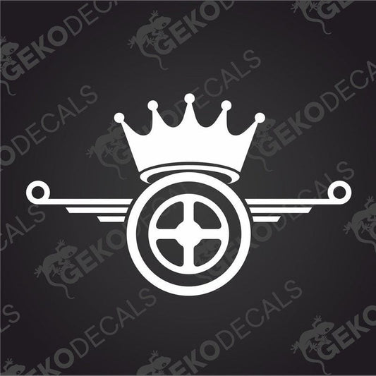 A white decal of a crown and scepter on a black background with the text 'GeckoDecals'.
