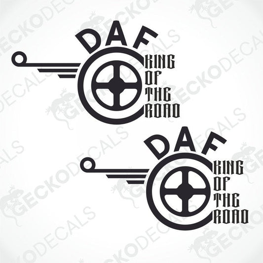 Two black and white die cut decals with the text 'DAF KING OF THE ROAD' and a wheel design
