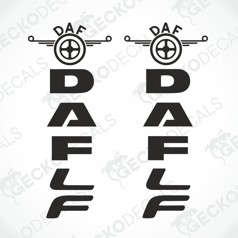 Two black decals for DAF LF trucks, with the DAF logo and the brand's acronym.