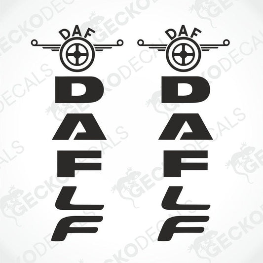 Two black decals for DAF LF trucks, with the DAF logo and the brand's acronym.