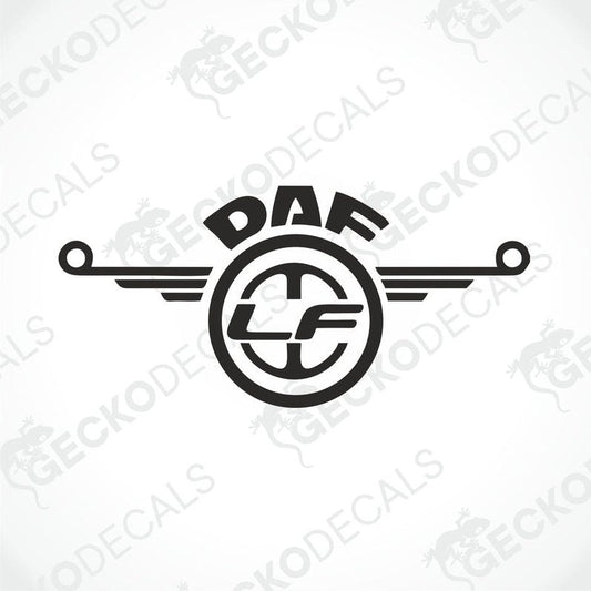A black and white logo of DAF LF, representing a truck decal.