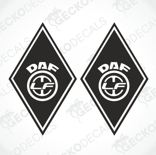 Two black and white diamond-shaped car stickers with the DAF LF logo.