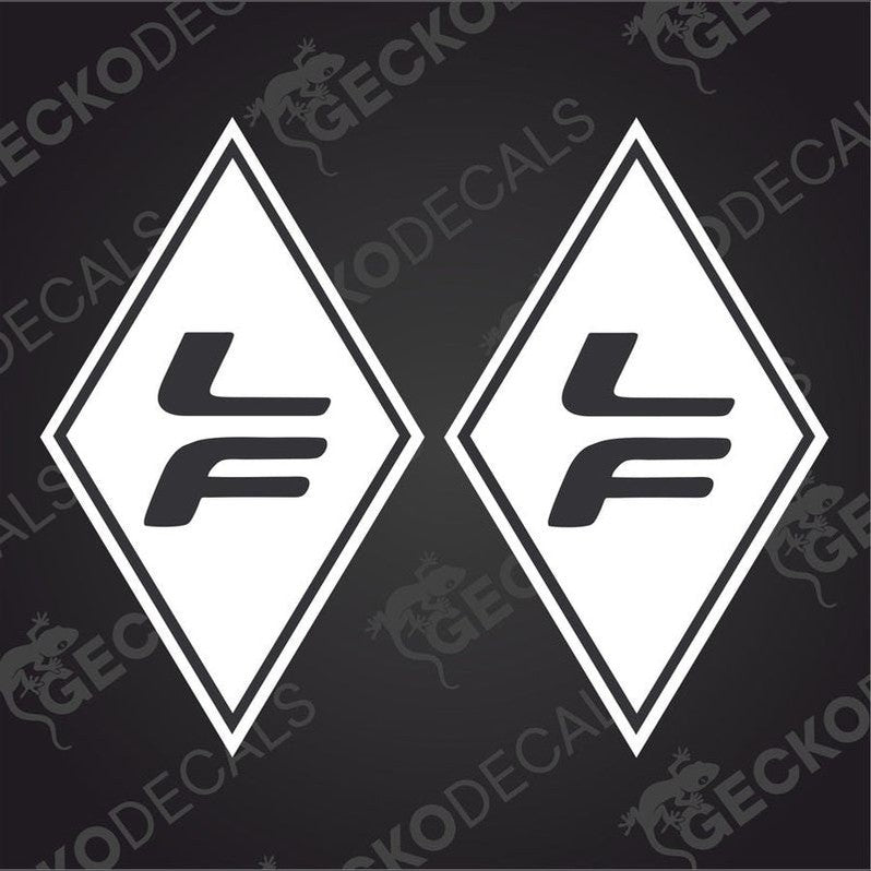 Two white diamond-shaped decals with the 'LF' logo on a dark background, intended for vehicle decoration.