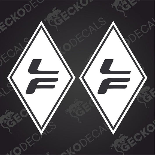 Two white diamond-shaped decals with the 'LF' logo on a dark background, intended for vehicle decoration.