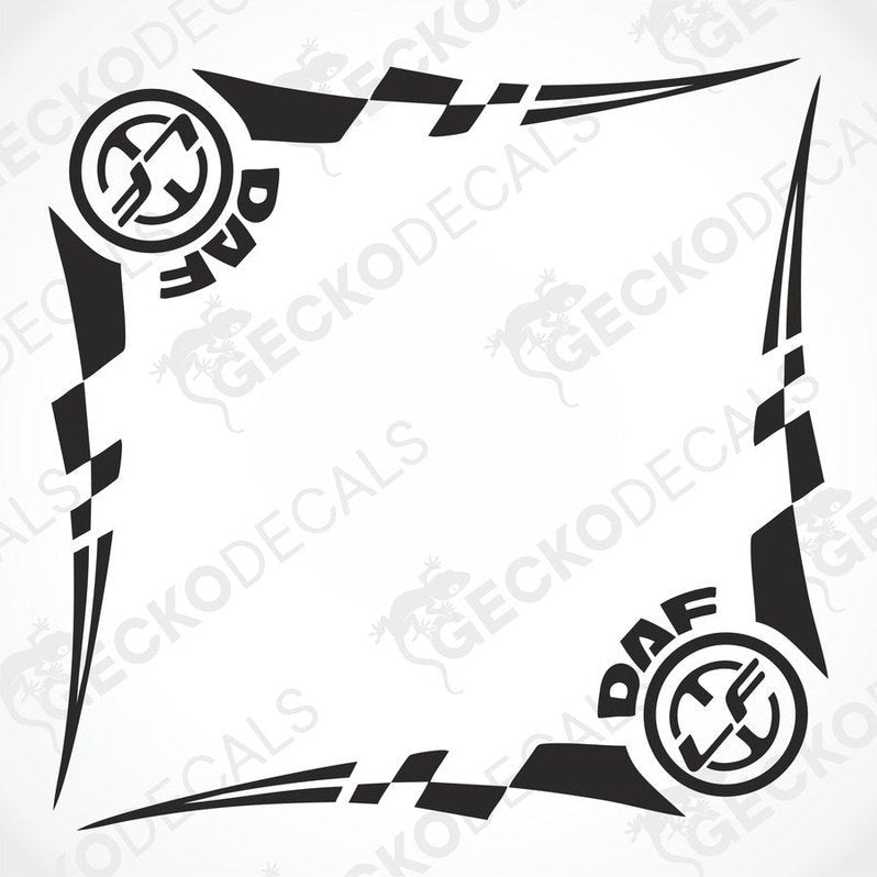 A set of two black and white checkered side window decals for a DAF LF truck, designed for both interior and exterior use.