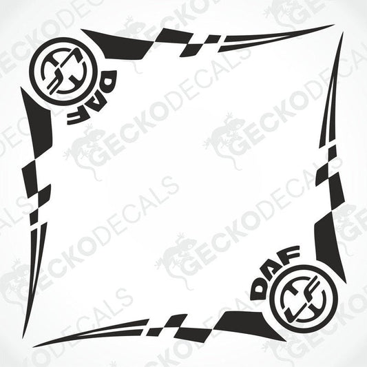 A set of two black and white checkered side window decals for a DAF LF truck, designed for both interior and exterior use.