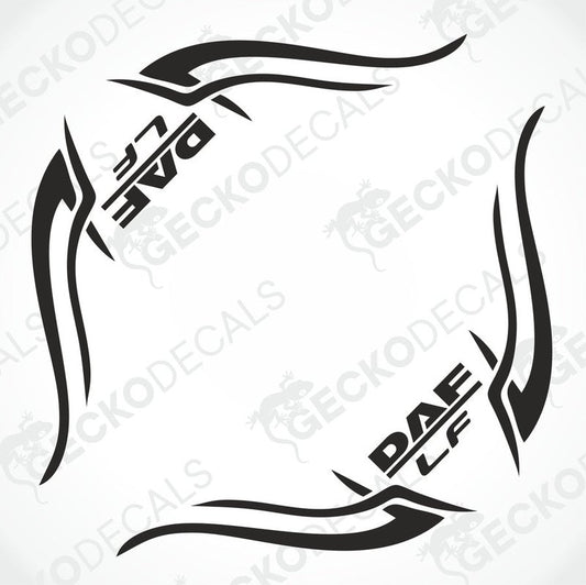 A set of two black tribal style side window decals for DAF LF trucks, with the Gecko Decals logo.