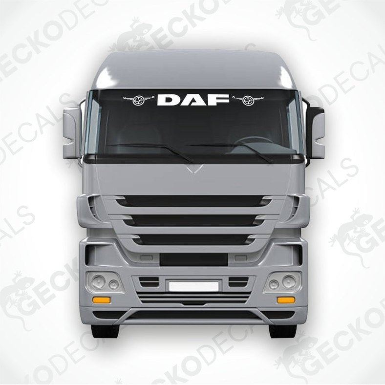 A front view of a DAF truck with a die cut decal on the windscreen.