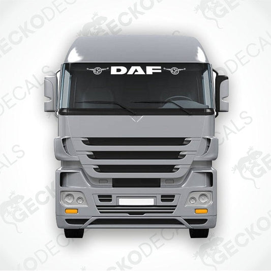 A front view of a DAF truck with a die cut decal on the windscreen.