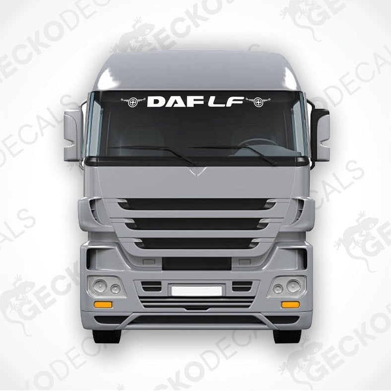 A die cut decal with the text 'DAF LF' displayed on the front of a truck windshield, illustrating the product's use.