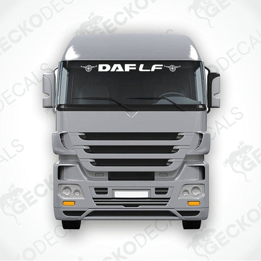 A die cut decal with the text 'DAF LF' displayed on the front of a truck windshield, illustrating the product's use.