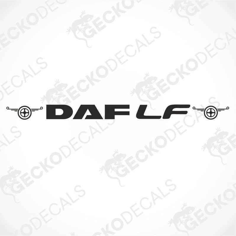 A die cut decal with the text 'DAF LF' displayed on the front of a truck windshield, illustrating the product's use.