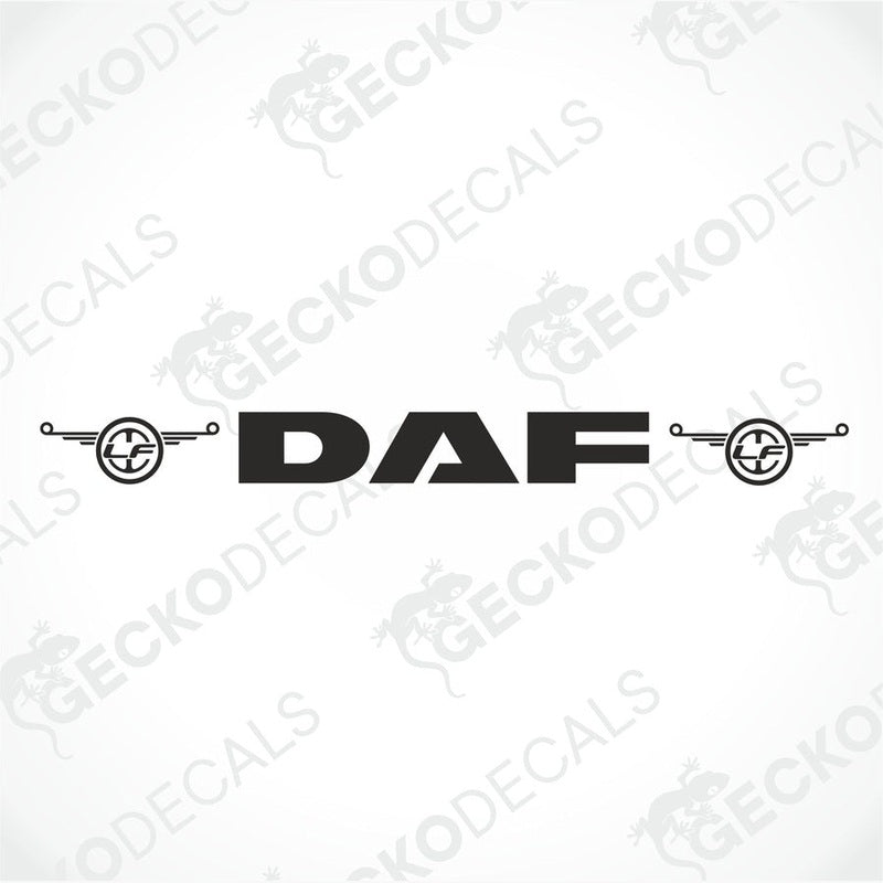 A front view of a DAF truck with a die cut decal on the windscreen.