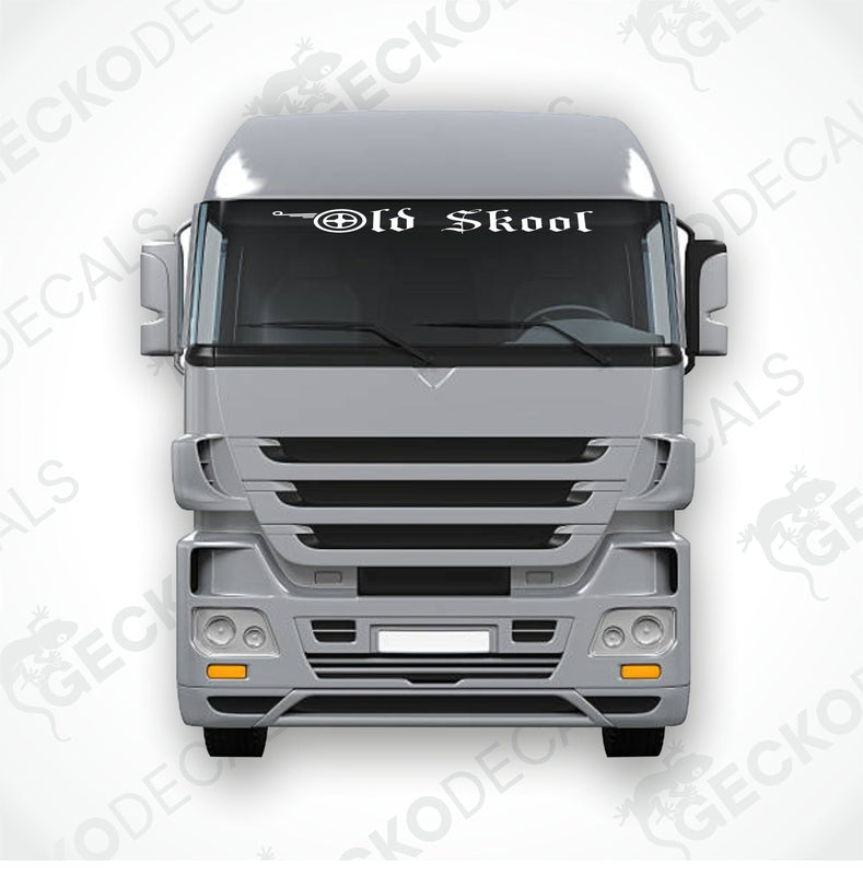 A die cut decal with the text 'Old Skool' displayed on the front of a truck.