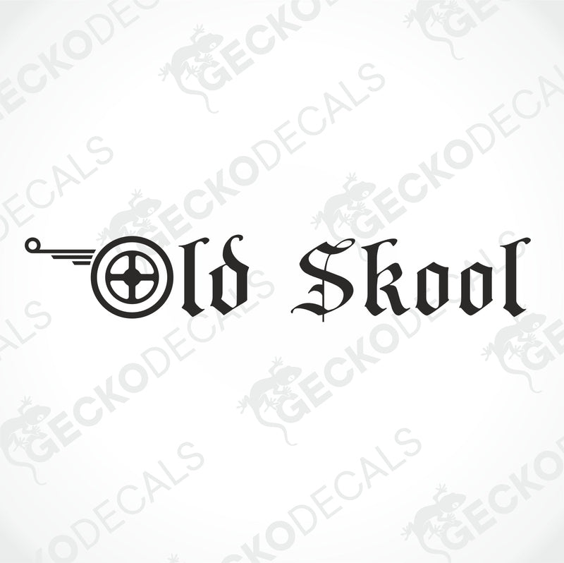 A die cut decal with the text 'Old Skool' displayed on the upper part of a truck's windscreen.