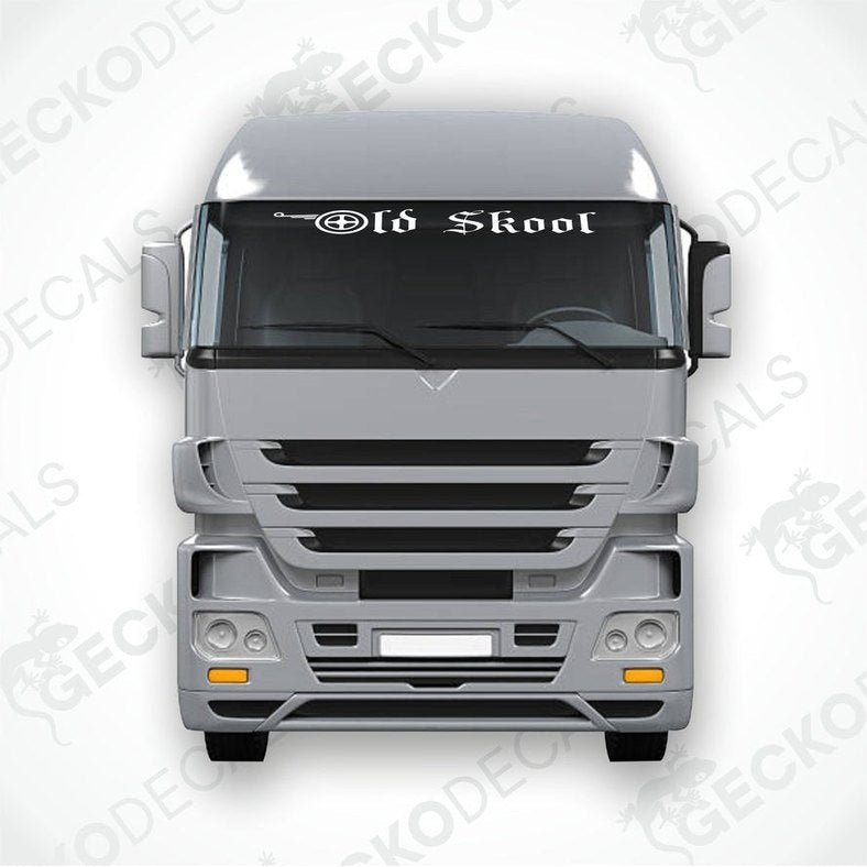 A die cut decal with the text 'Old Skool' displayed on the upper part of a truck's windscreen.