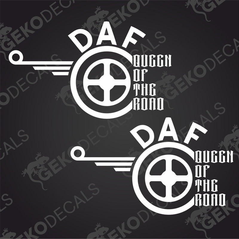 Two black and white die cut decals with the text 'QUEEN OF THE ROAD' and a wheel design