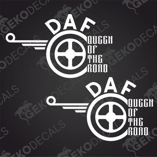 Two black and white die cut decals with the text 'QUEEN OF THE ROAD' and a wheel design