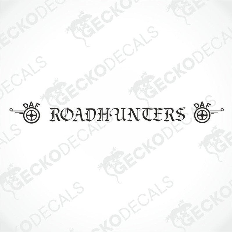 A die cut decal with the text 'ROADHUNTERS' displayed on the front of a truck's windscreen.