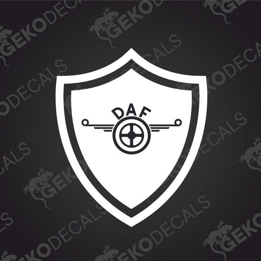 A die cut decal of a shield shape with the DAF logo in the center, intended for use on vehicles.