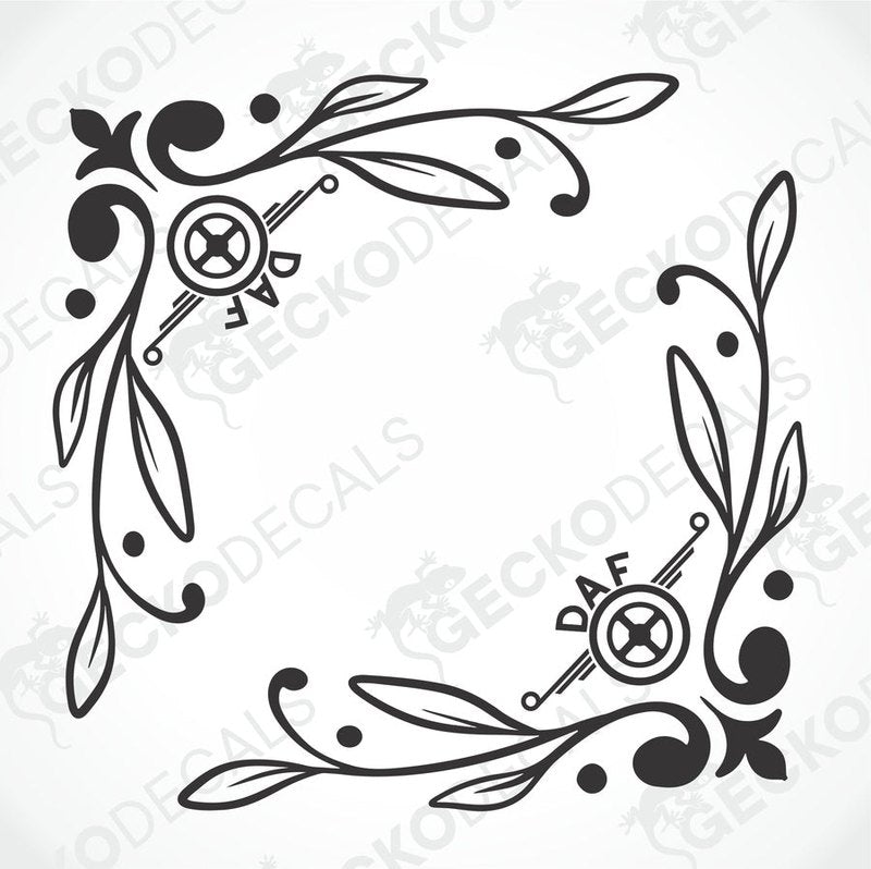 A black and white image of a die cut decal with floral patterns and the DAF logo, intended for use as a side window decal.